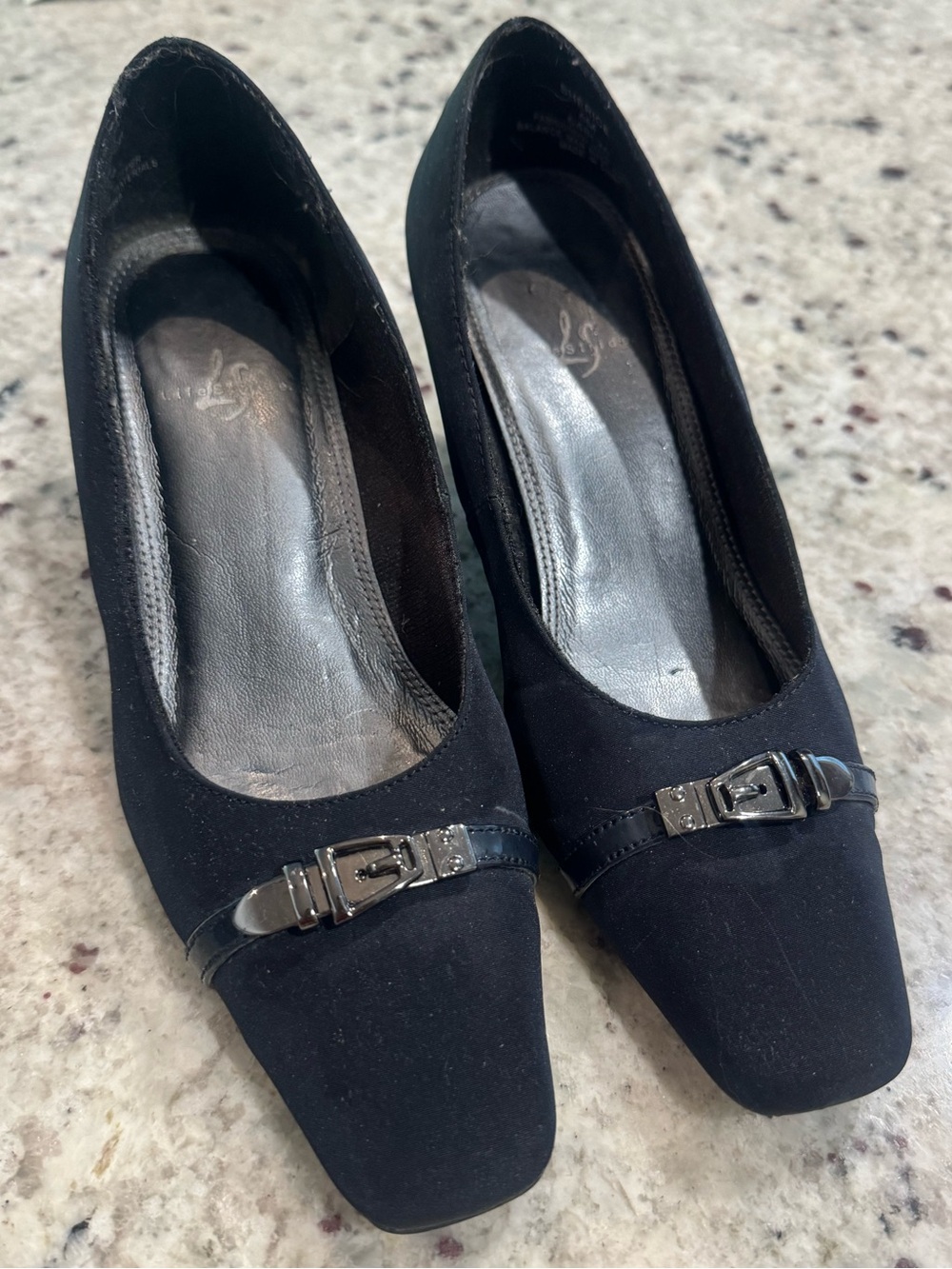 Navy Pointed Toe Pumps with Silver Buckle
